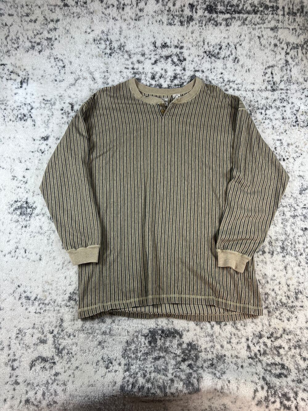 Vintage New River Henley Shirt Mens L Beige Black Striped Classic Old Money Tee